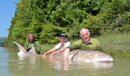 fishermen holding a sturgeon